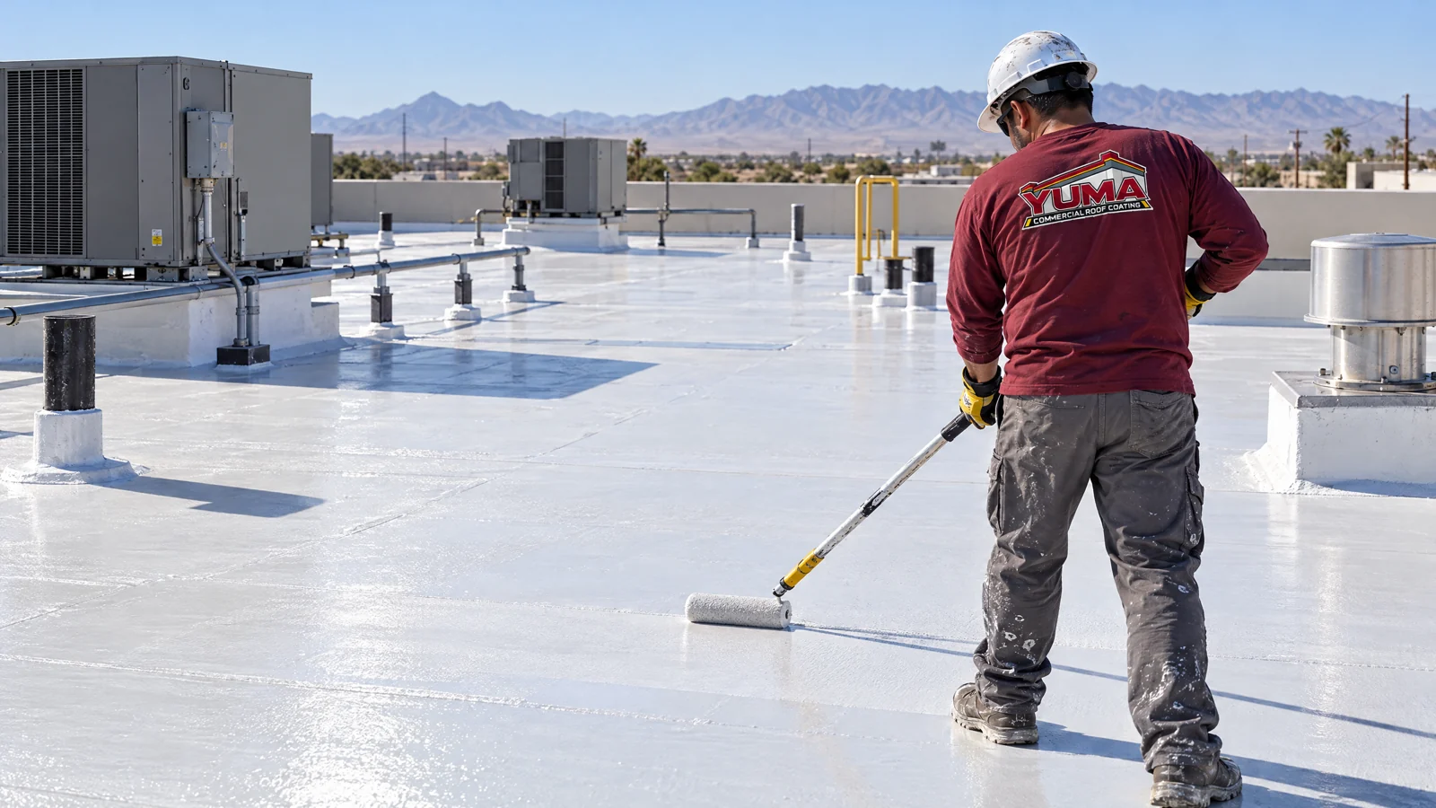 Worker applying a coating across a commercial low-slope roof