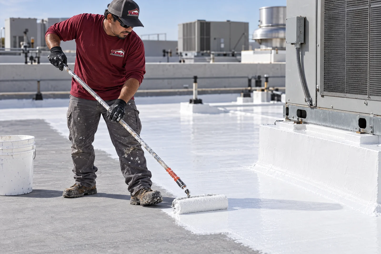 Worker rolling white coating around a commercial roof curb